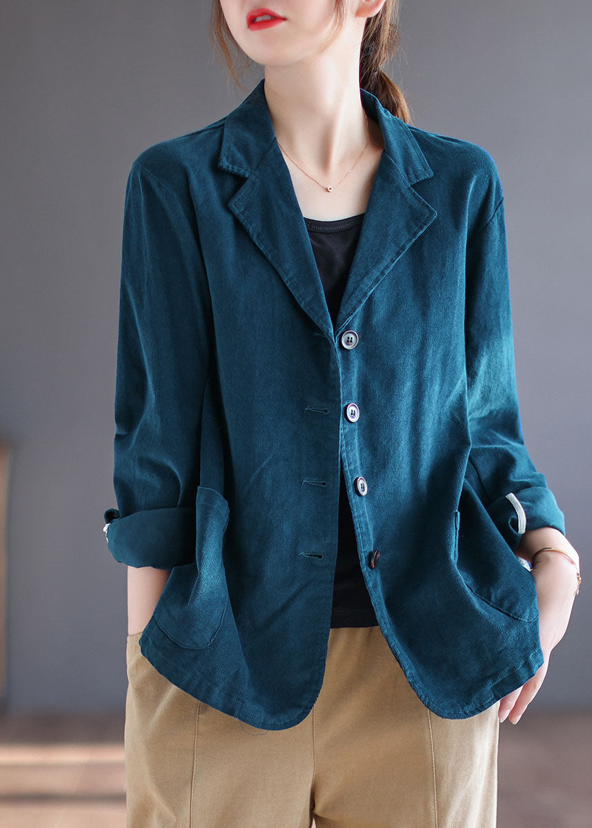 Fashion Blue PeterPan Collar Pockets Button Patchwork Fall Corduroy Coat