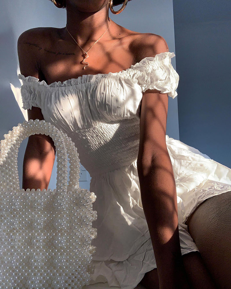 Off Shoulder Ruffle Shorts Romper Swiss Dot Smocked Layered Chiffon Boho Mini Jumpsuits