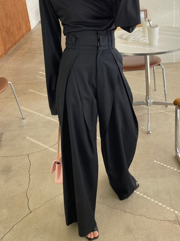 Daily Elegant Pleats Women's High Waist Wide Leg Trousers