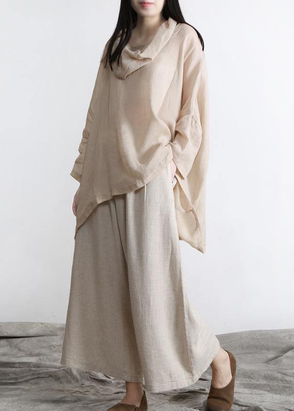 Beautiful Nude Turtle Neck Batwing Sleeve Two Piece Set Women Clothing Summer Linen