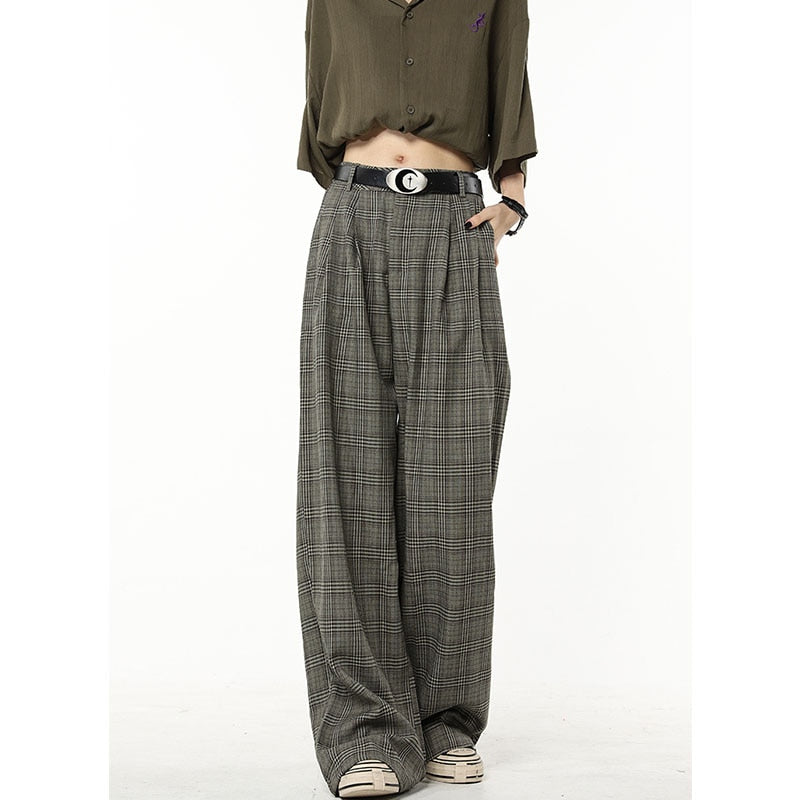 Fashionable Casual Retro Plaid Wide Leg Pants