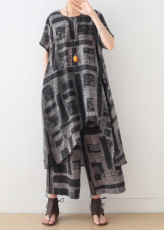 gray prints casual Chiffon two pieces side open tops and elastic waist wide leg pants