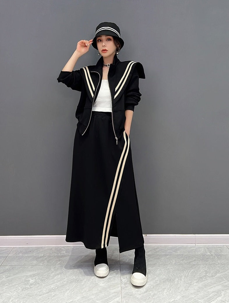 Ella Luxe Oversized Collar Top & Elastic Waist Skirt 2-Piece Set