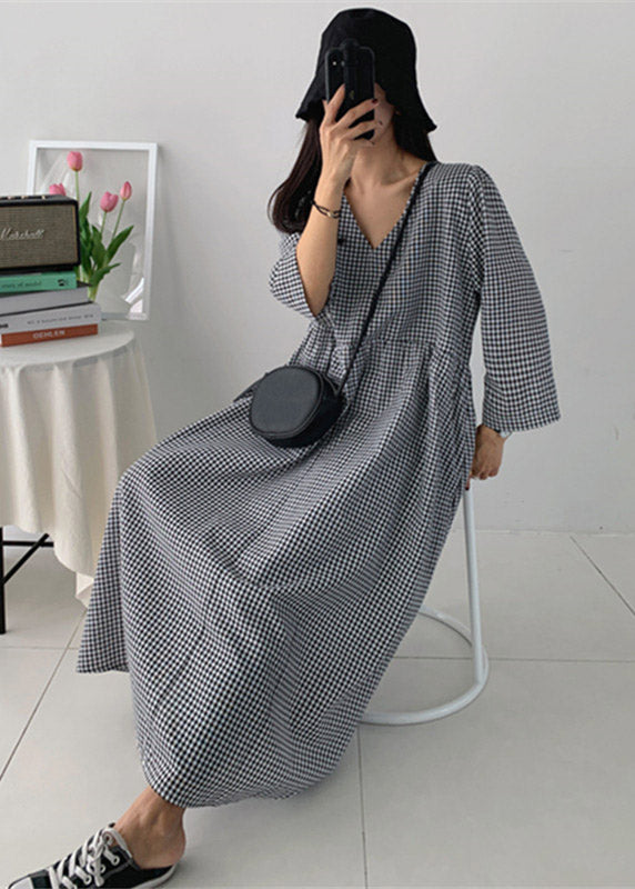 Organic V Neck Wrinkled Pockets Plaid Cotton Dresses Long Sleeve