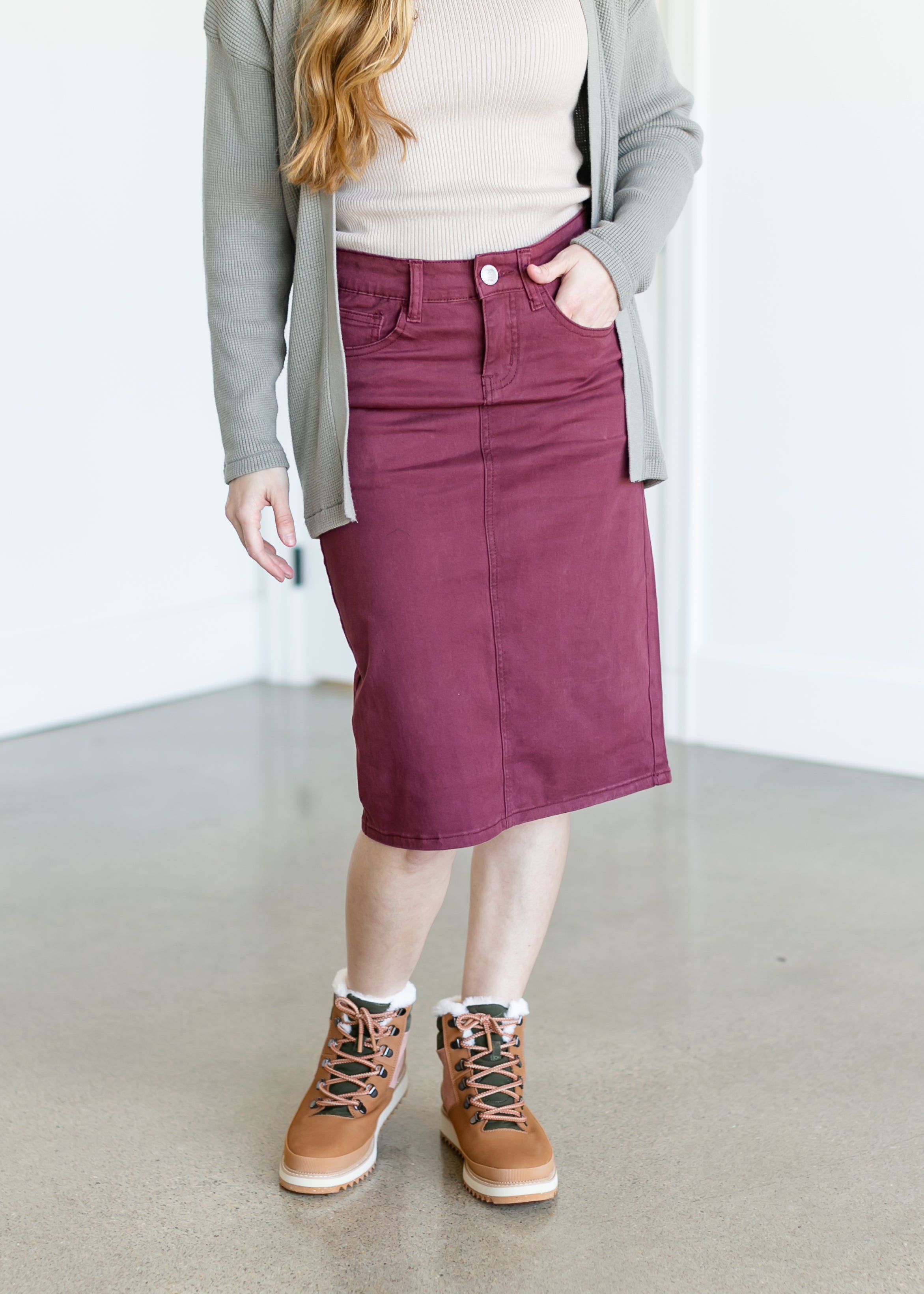 Remi Burgundy Denim Midi Skirt