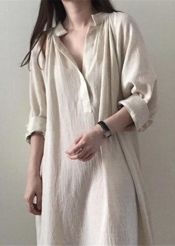 Casual Apricot Side Open Stand Collar Cotton Dresses Long sleeve