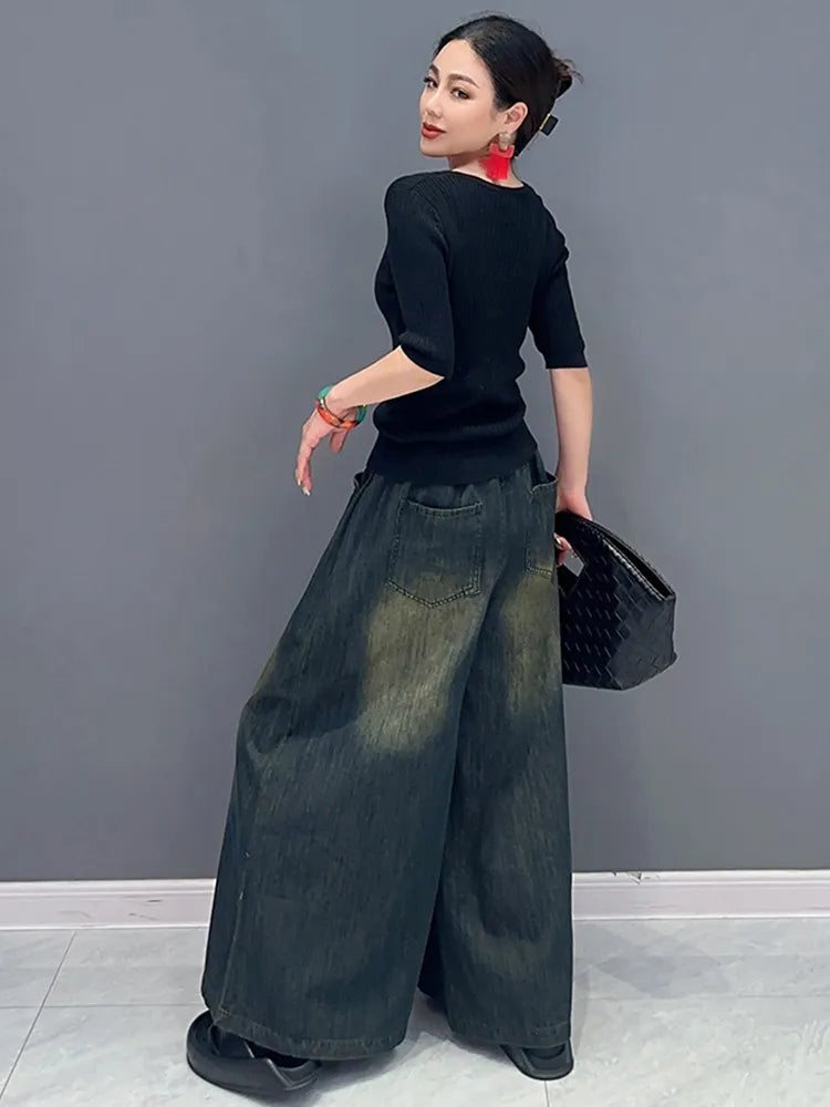 Classic Embroidery Elastic Waist Wide Leg Denim Pants