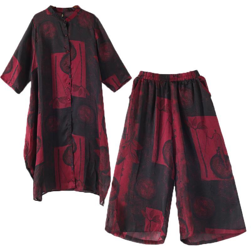 2022 thin green print chiffon wide-leg pants two-piece suit