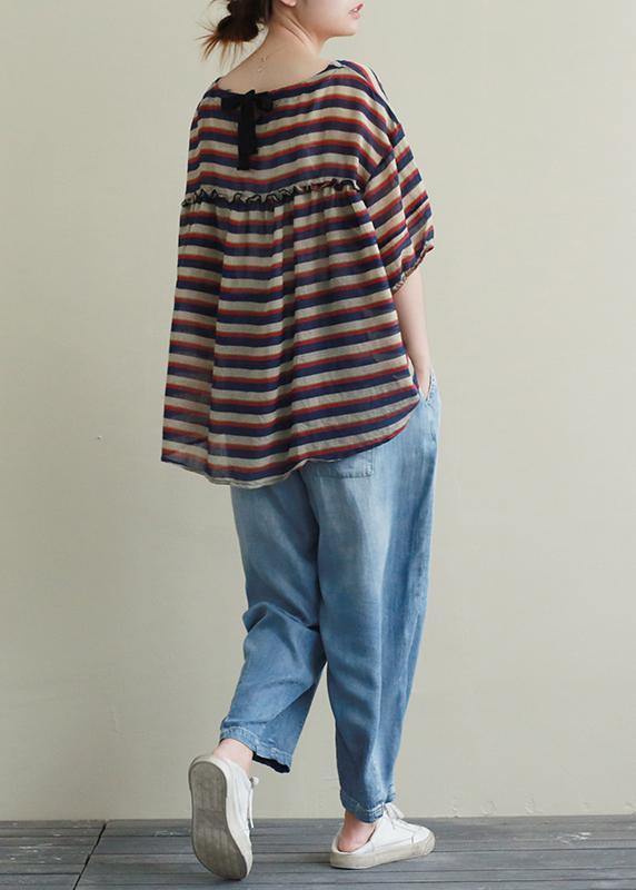 New casual suit female loose large size red and blue striped T-shirt Tencel blue jeans two-piece suit