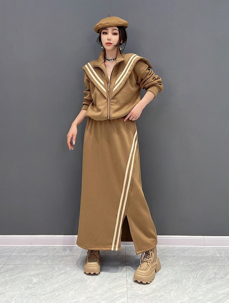 Ella Luxe Oversized Collar Top & Elastic Waist Skirt 2-Piece Set