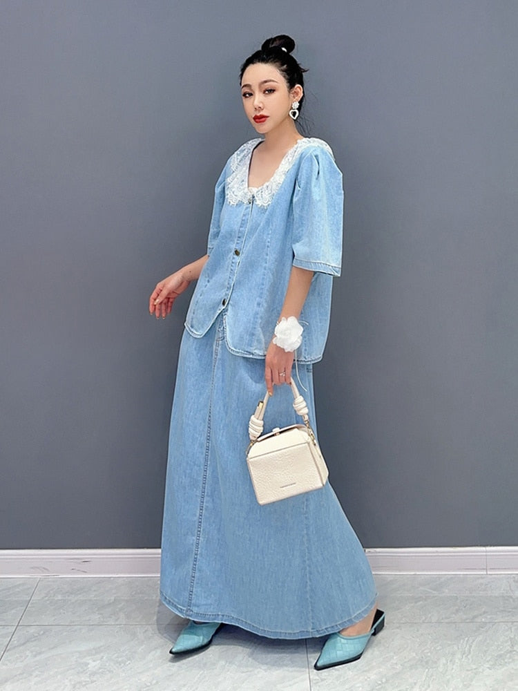 Handmade Everyday Casual Denim Top & Skirt 2-Piece Set