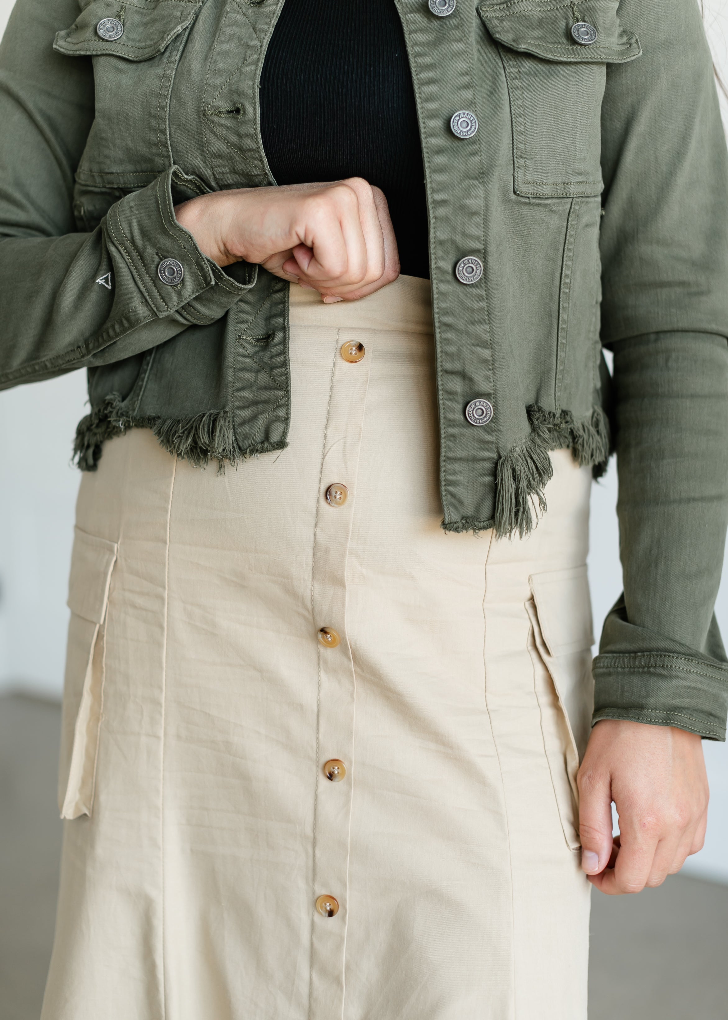 Button Down Cargo Pocket Midi Skirt