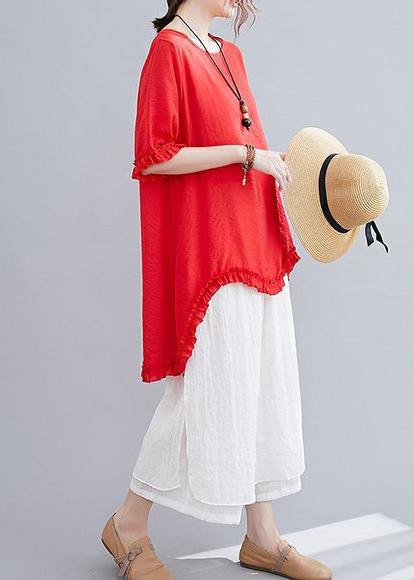 Cotton linen red two-piece fungus stitching round neck T-shirt split seven-point wide-leg pants fashion suit