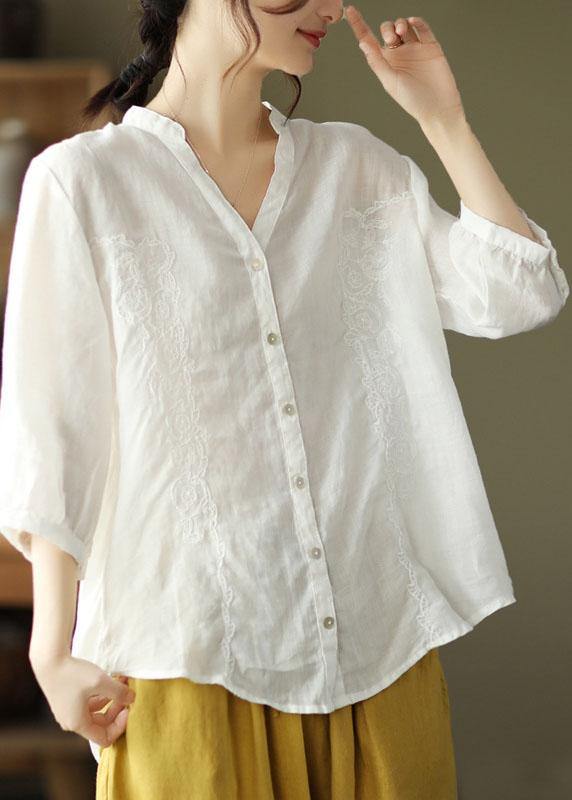 French Khaki Embroideried V Neck Ramie Blouse Top Summer