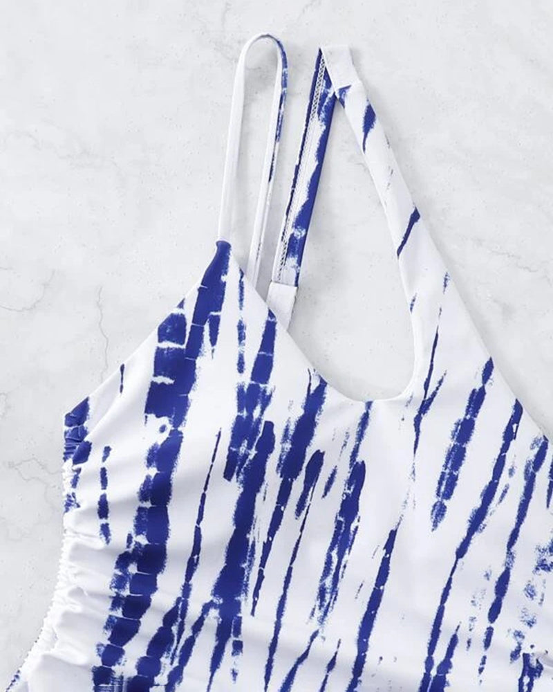 One Pieces Tie Dye Swimsuit One Shoulder Drawstring Bathing Suit