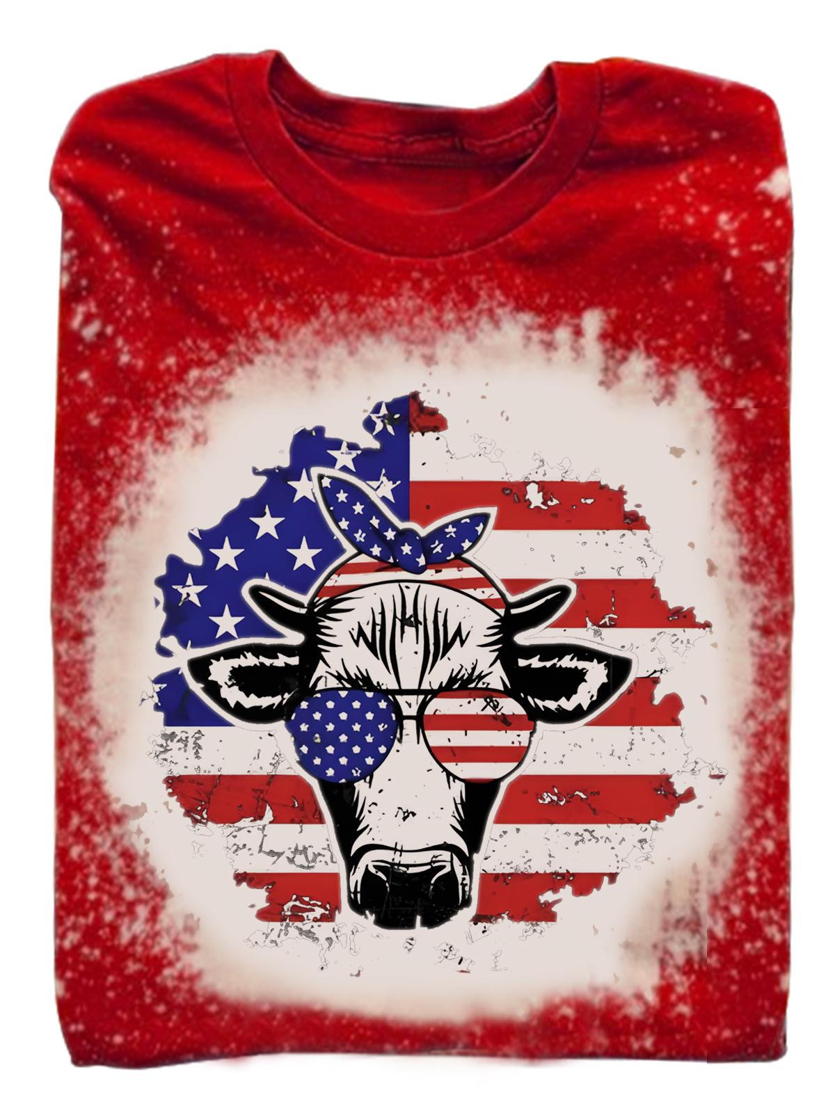 Women's American Flag Funny Cow Print Short Sleeve Tie Dye T-Shirt
