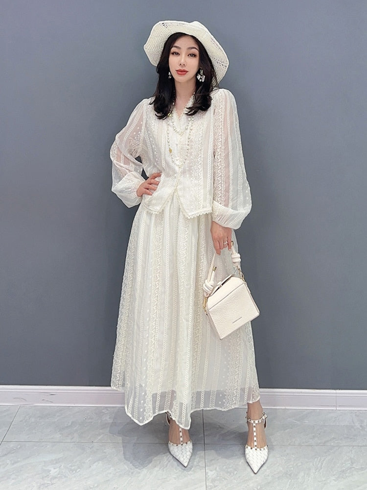 Pink or White Long Sleeve Lace Top & Maxi Skirt 2-Piece Set