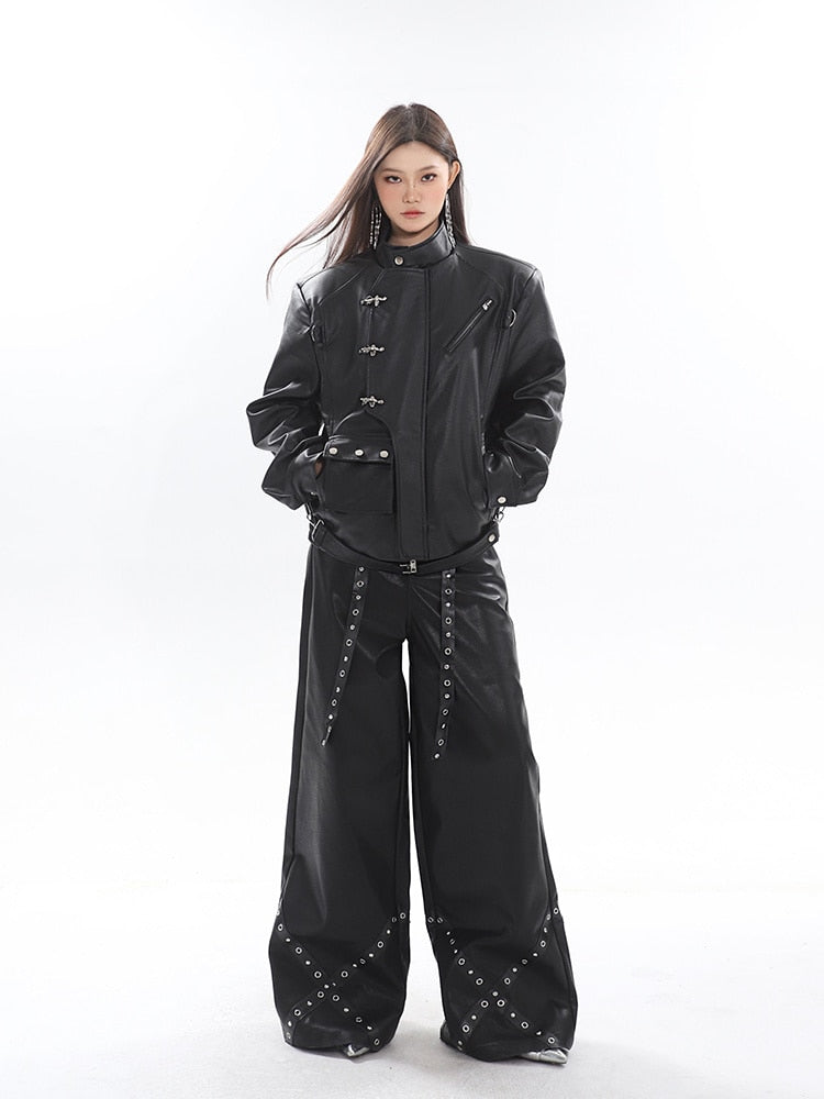 High-Fashion Metal-Accented Wide Leg Leather Pants
