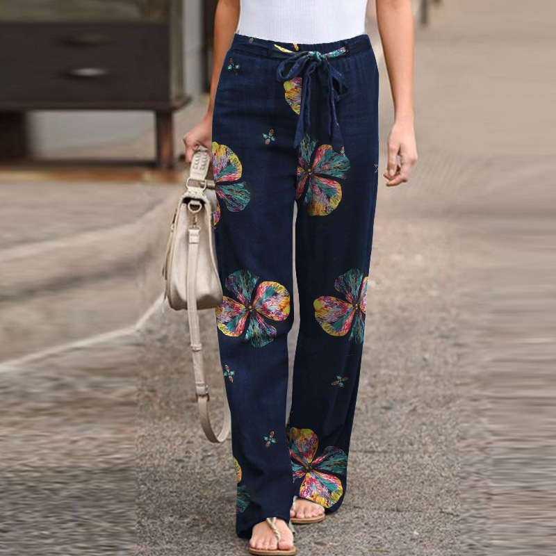 Women's Simple Elastic Waist Printed Cotton Linen Trousers