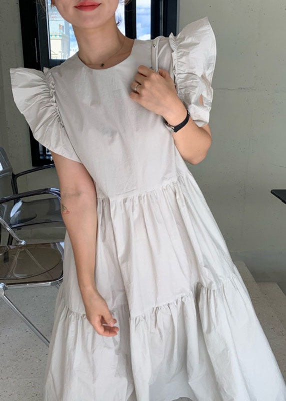 Women Beige Patchwork Cotton Dress Butterfly Sleeve