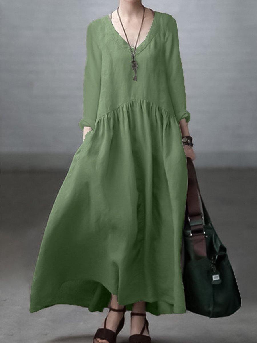 Light green Simple and Loose V-neck Cotton and Linen Dress