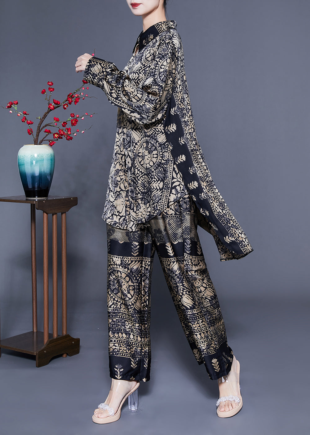 Elegant Oversized Low High Design Print Silk Two Pieces Set Spring