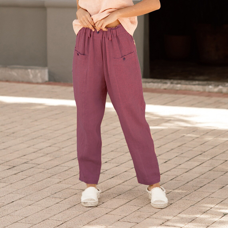 Woman's Button cotton and linen elastic waist casual pants