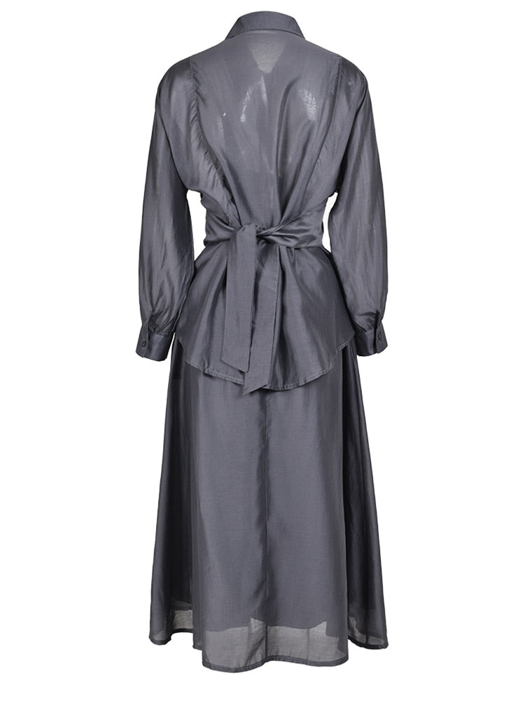 Elegant Lightweight Charcoal Gray 2-Piece Set - Classy Blouse & Long Skirt