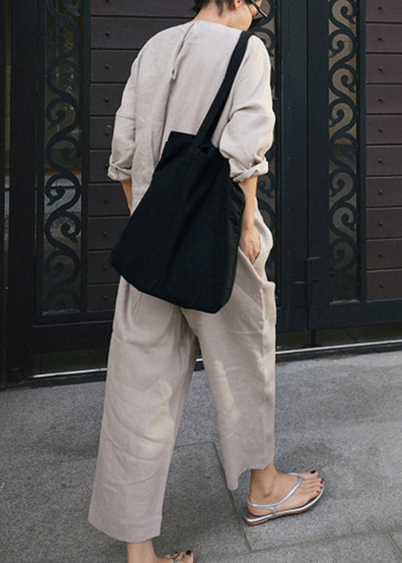 Plus Size Grey V Neck Button Linen Jumpsuit Spring