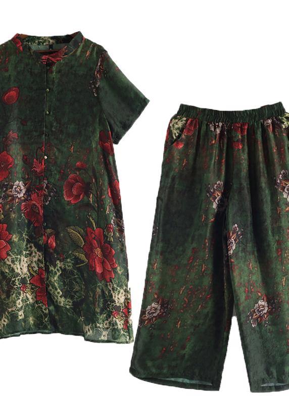 New original silk printed large size long coat loose wide leg pants green two-piece
