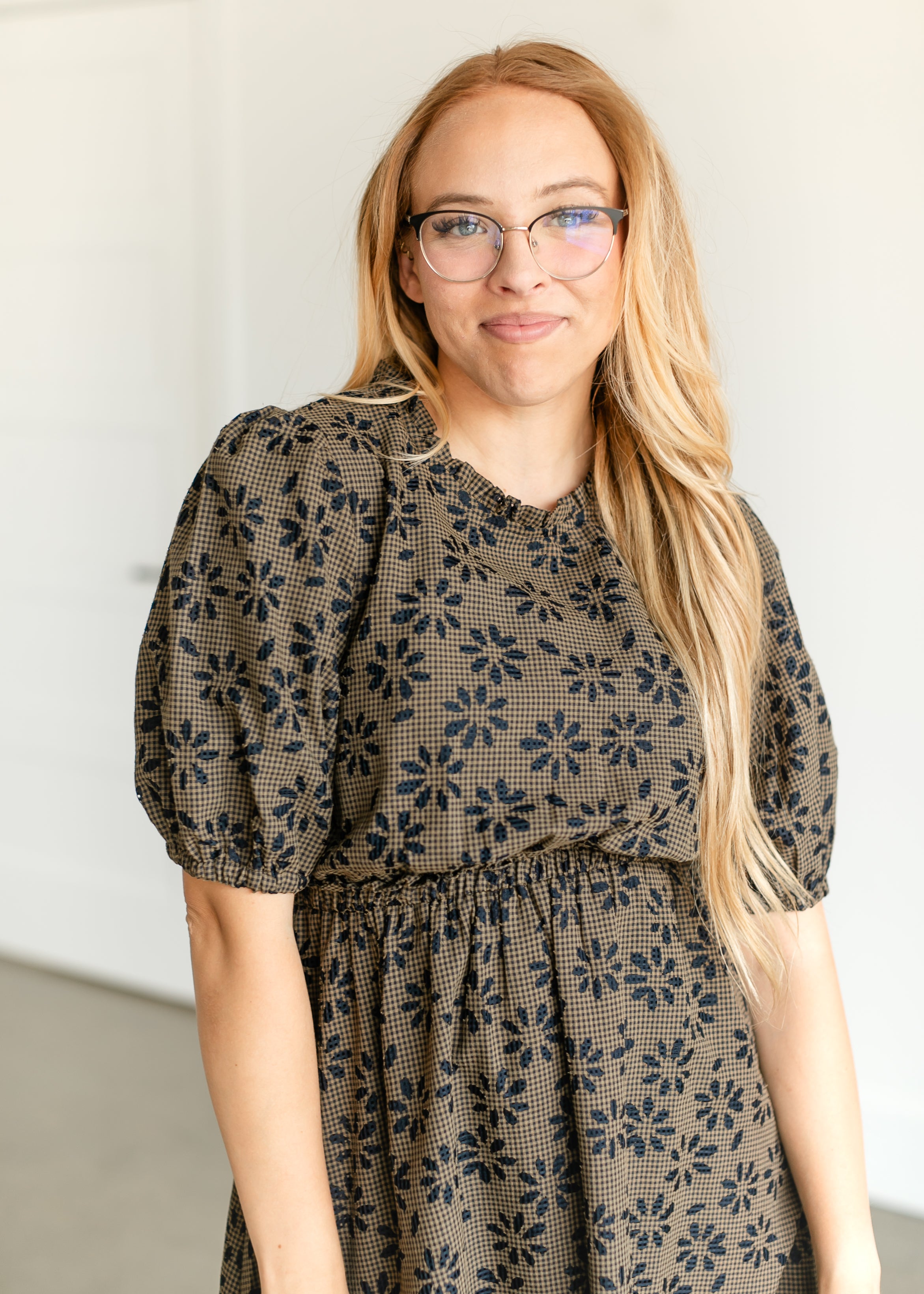 Gingham Floral Puff Sleeve Midi Dress