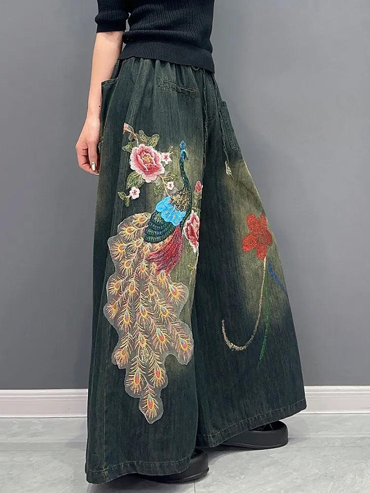 Classic Embroidery Elastic Waist Wide Leg Denim Pants