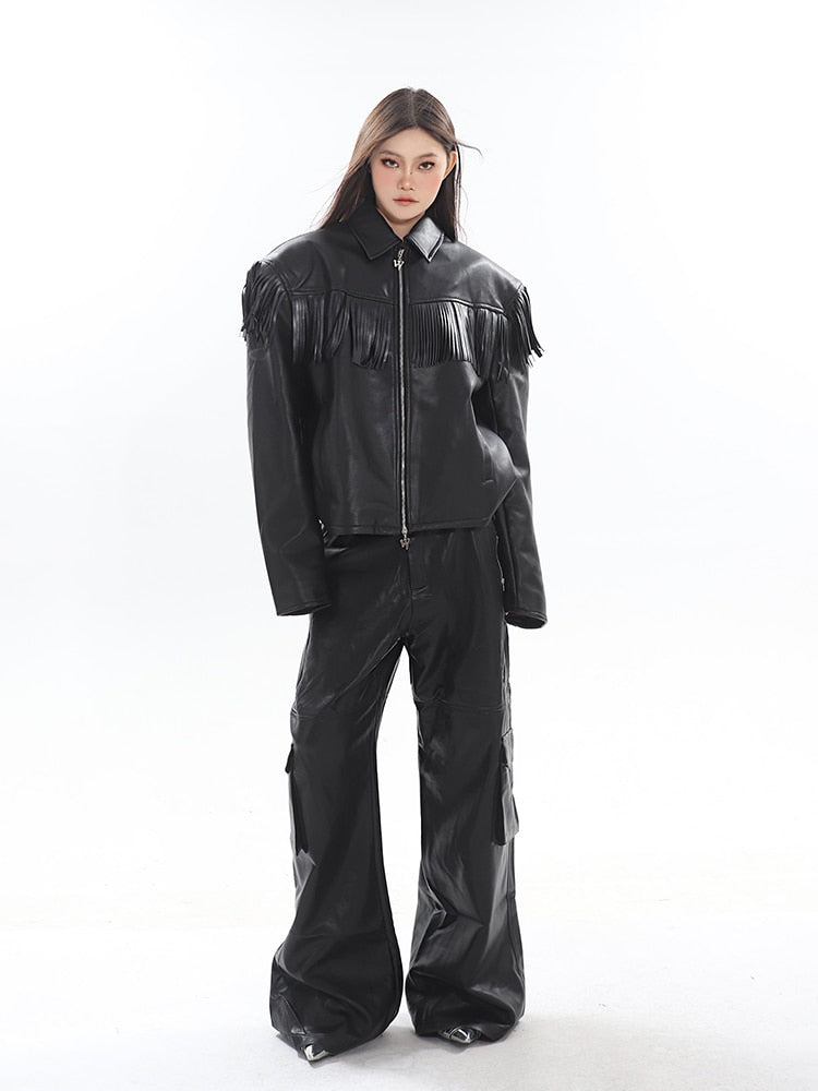 High Streetwear PU Leather Wide Leg Cargo Pants