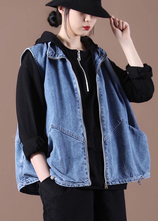 2021 Drawstring Zipper Wash Blue Stand Collar Vest