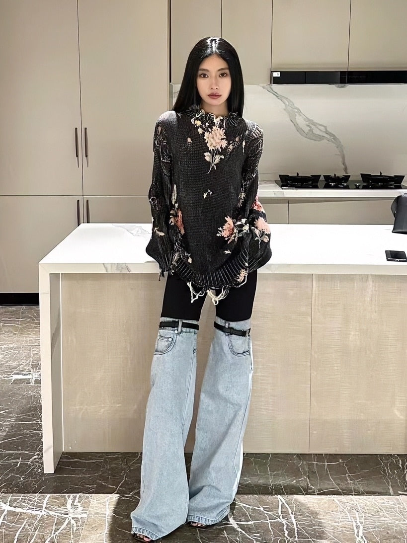 Luxury Haute Couture Thigh Jeans with Elastic Waist