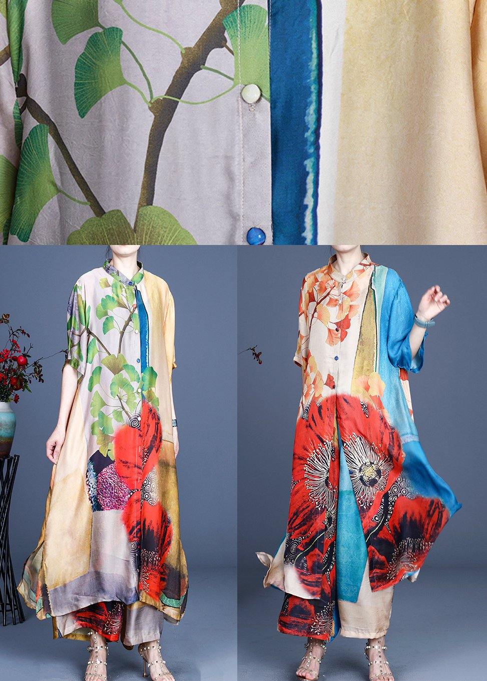 Fitted Yellow Print long Silk Summer Women Sets two Pieces