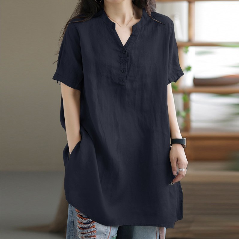 Women Summer Cotton Linen Tops Oversized Casual Short Sleeve V Neck