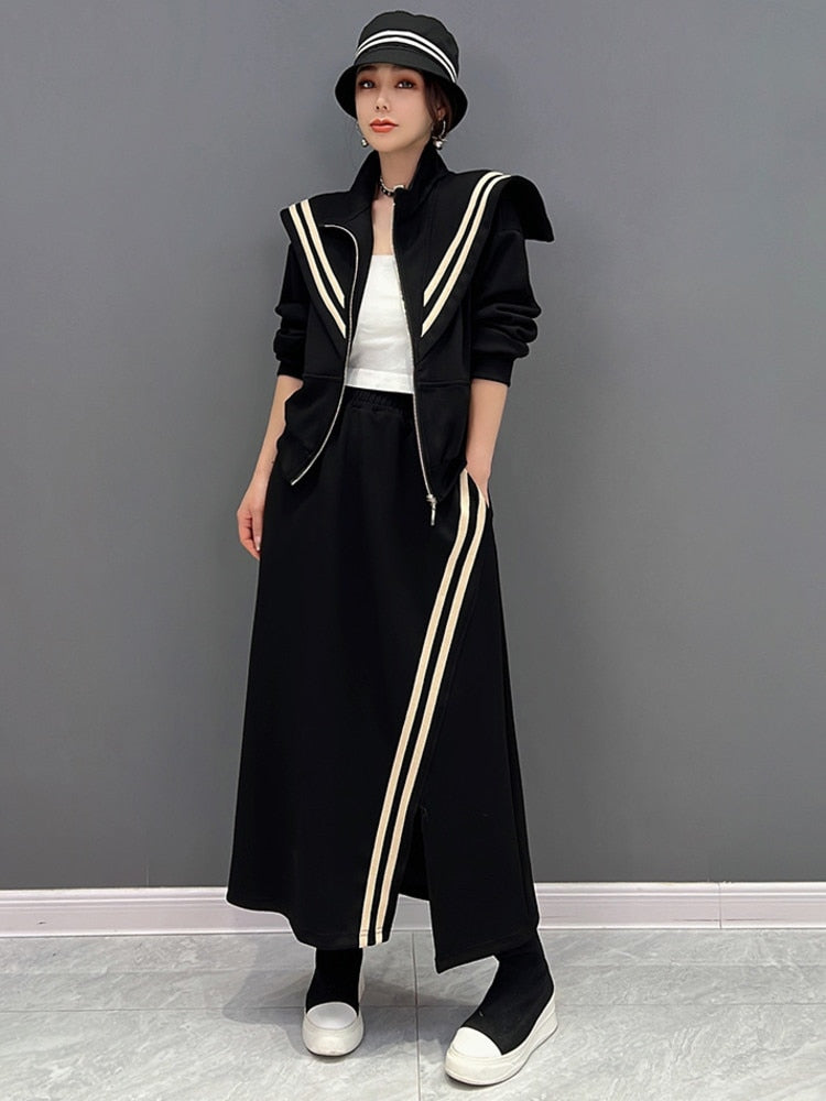 Ella Luxe Oversized Collar Top & Elastic Waist Skirt 2-Piece Set