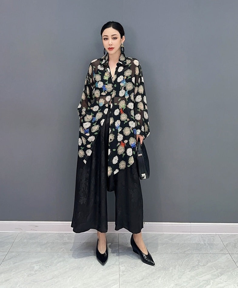 Butterfly & Floral Long Sleeve Blouse Top & Wide Leg Trousers 2-Piece Set