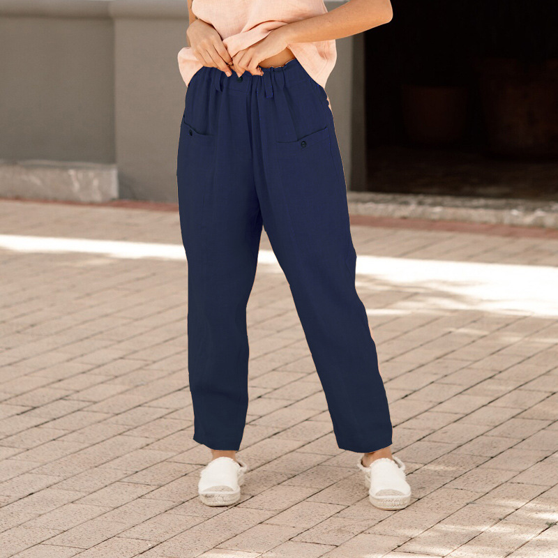 Woman's Button cotton and linen elastic waist casual pants
