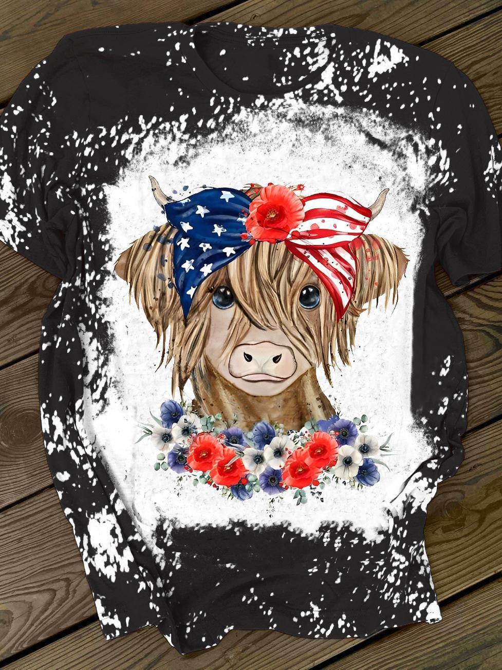 Merica Cow Print Crew Neck T-Shirt