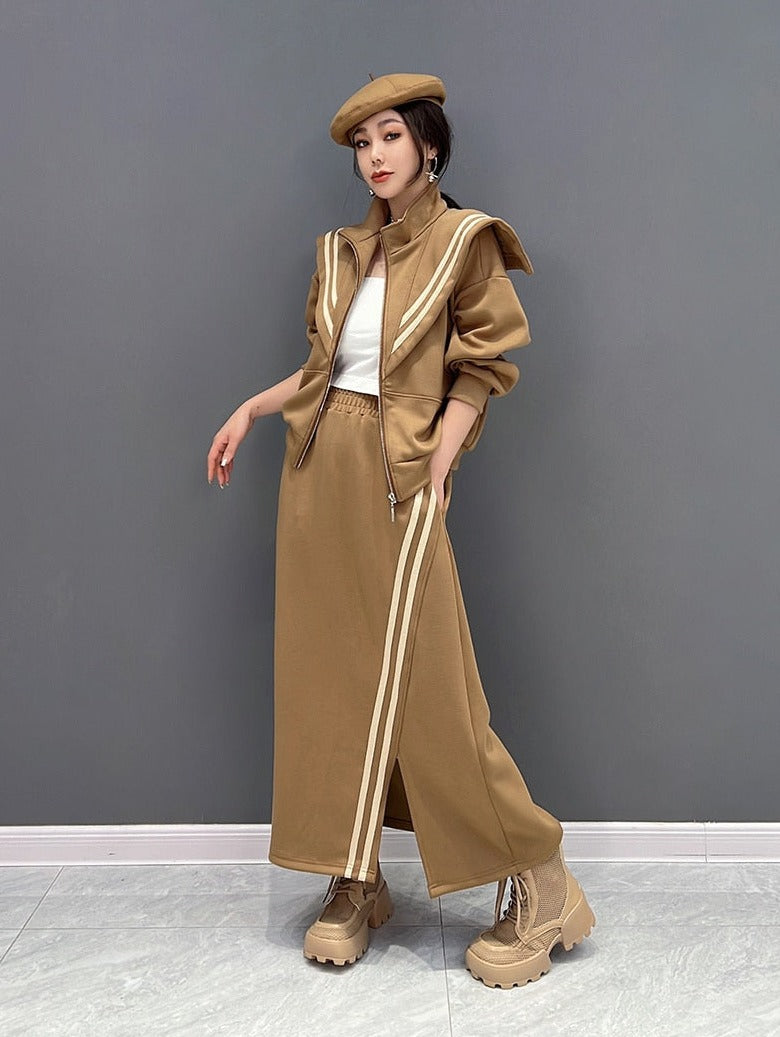 Ella Luxe Oversized Collar Top & Elastic Waist Skirt 2-Piece Set