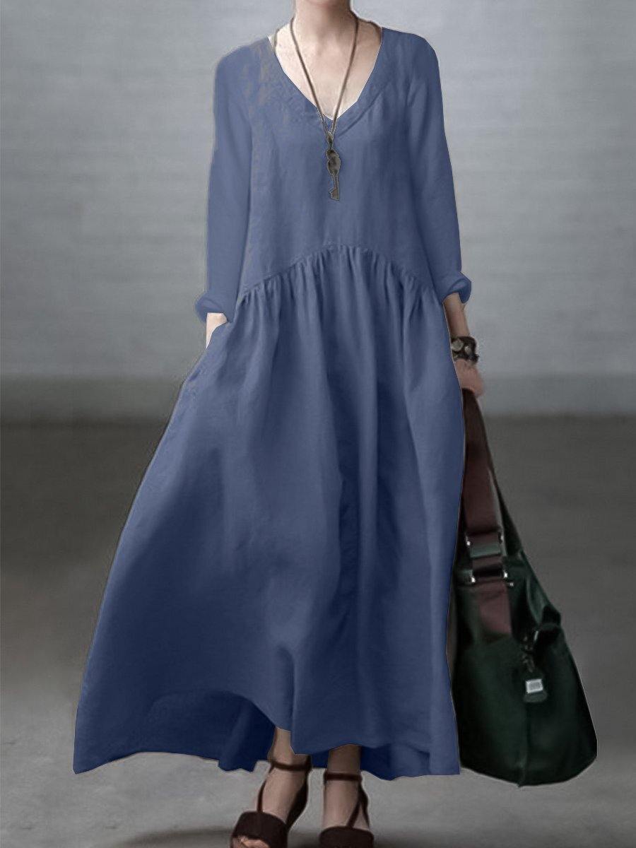 Sky blue Simple and Loose V-neck Cotton and Linen Dress