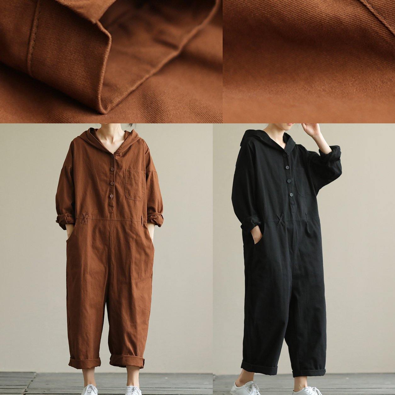Loose hooded brown all-match long-sleeved ladies nine-point jumpsuit