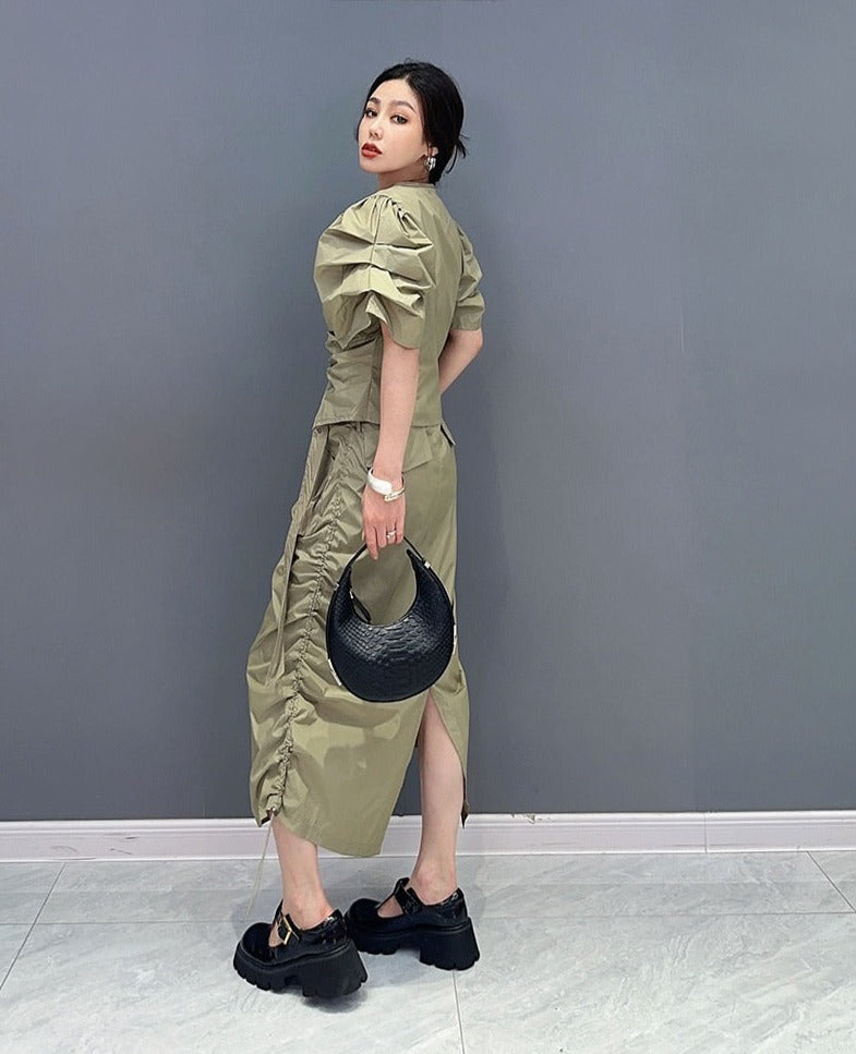 Casual Chic Drawstring V-Neck & Skirt 2-Piece Set