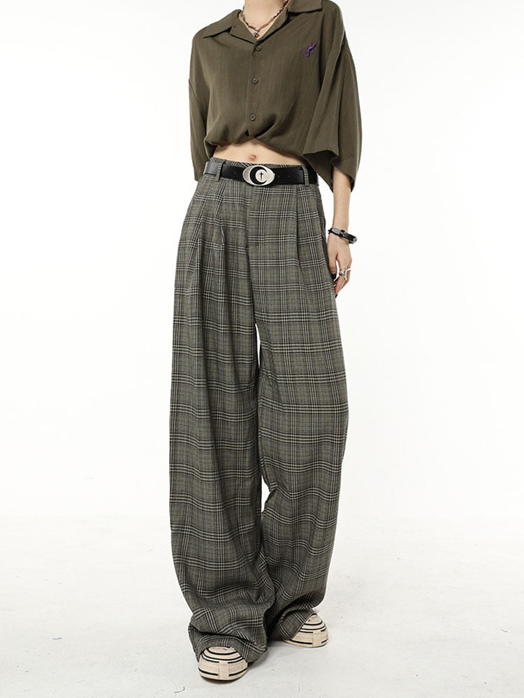 Fashionable Casual Retro Plaid Wide Leg Pants
