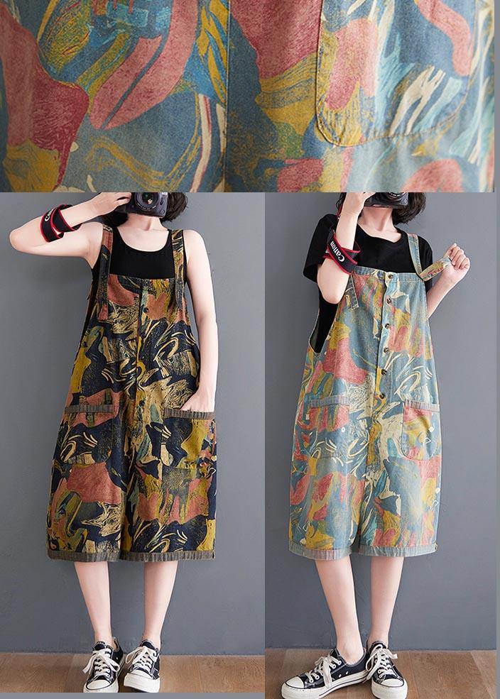 Comfy Light Blue Print Pockets Jumpsuit Shorts Summer