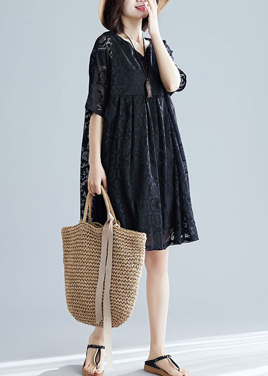 2022 Black V Neck Wrinkled Exra Large Hem Lace A Line Dress Short Sleeve