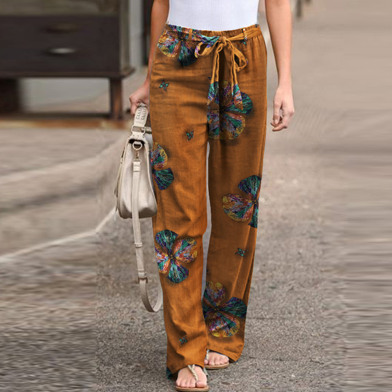 Women's Simple Elastic Waist Printed Cotton Linen Trousers