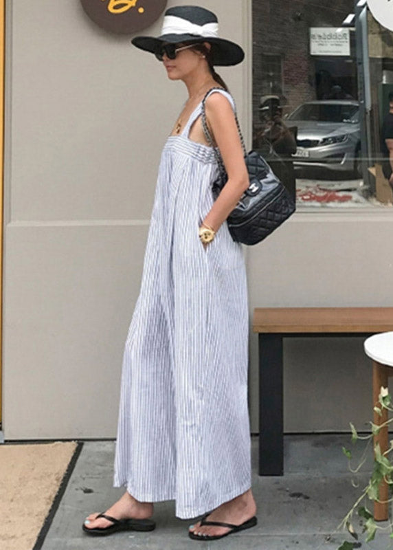 Plus Size Striped Pockets Wide Leg Jumpsuit Pants Summer